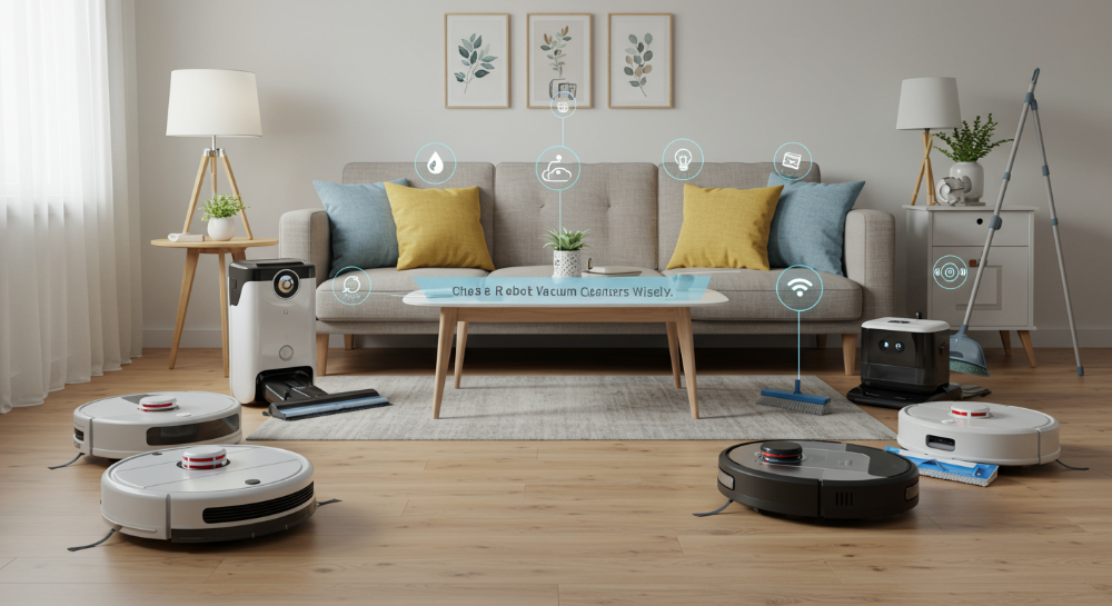 다양한 로봇청소기 모델들이 놓여 있는 깔끔한 거실 배경, 가격대별 성능 비교를 시각적으로 보여주는 이미지