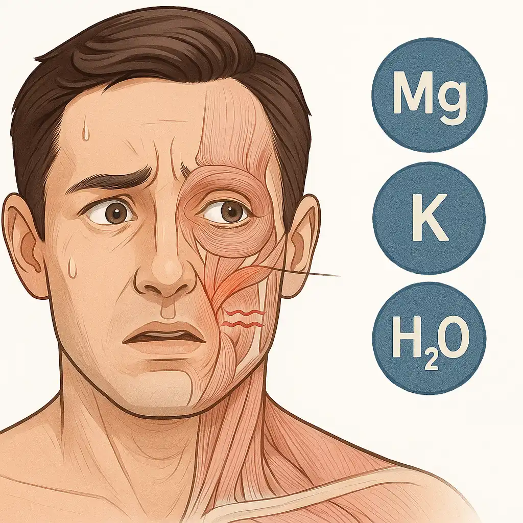 눈 밑 안륜근과 표정근 강조된 해부학 일러스트, 불안하거나 긴장된 표정의 인물, 전해질 불균형 아이콘(Mg, K, H₂O)