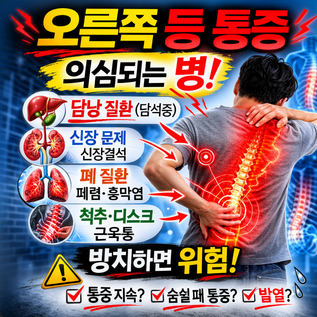 오른쪽 등 통증 의심되는병