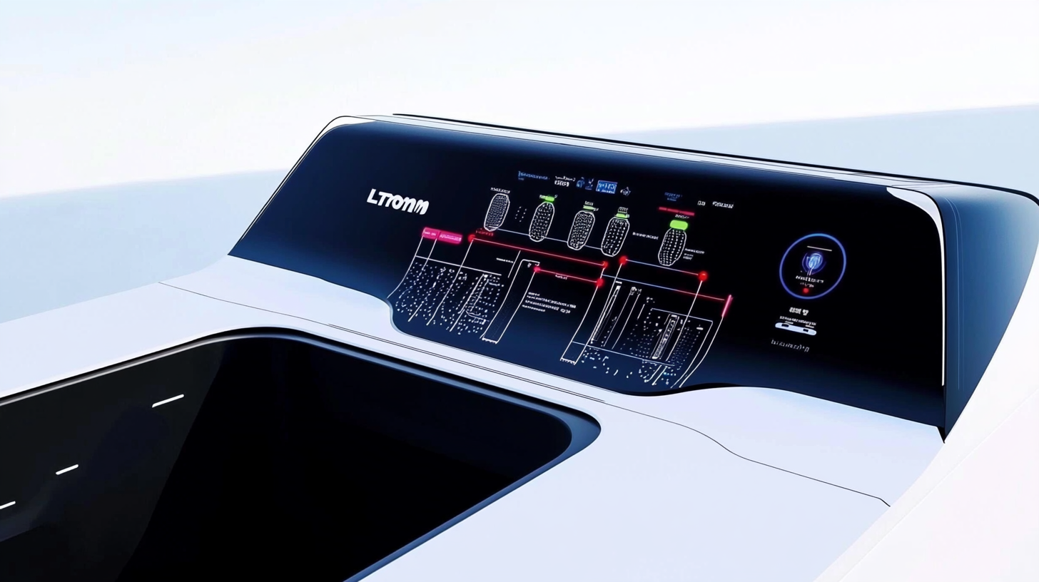 세련된 디자인 요소와 정밀한 디테일이 돋보이는 LG 트롬 세탁기 제어 패널의 클로즈업 이미지