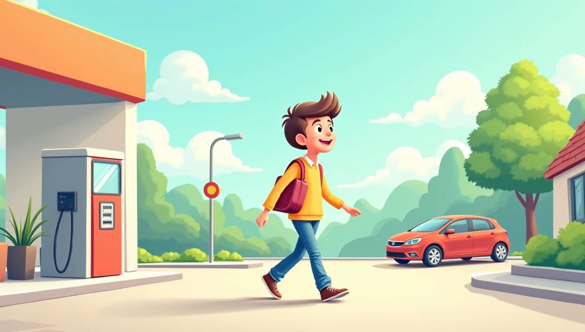 갓 면허를 딴 운전 초보자나 사회초년생이 가벼운 발걸음으로 주유소에 들어서는 밝은 느낌의 일러스트.