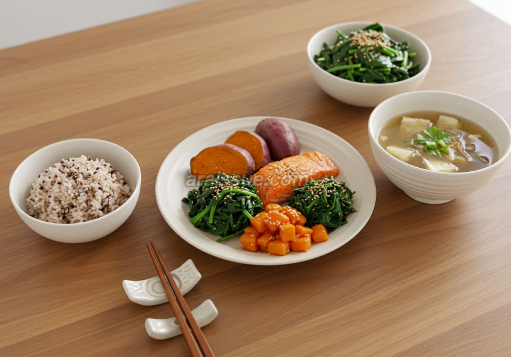 잡곡밥과 생선구이, 찜채소로 구성된 한국식 건강 식단이 놓인 주방 테이블