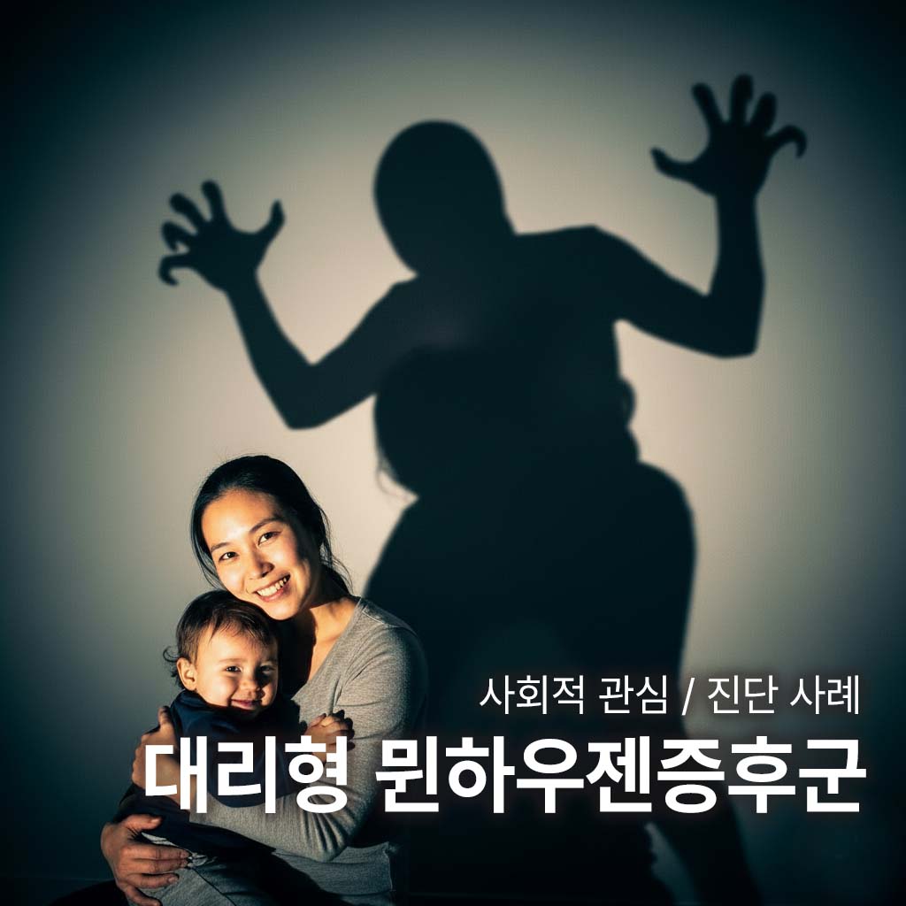 대리형 뮌하우젠증후군을 나타낸 그림이다. 엄마가 아이를 따뜻하게 안고 있지만 그림자는 다른 의도가 있어보이는 사진이다