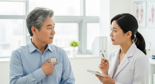 편한 복장을 입고 근전도검사 설명을 듣는 환자의 외래 진료실 모습 이미지