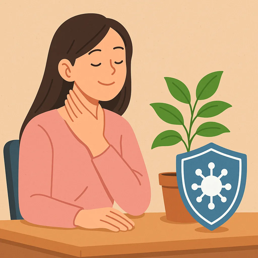 책상-위의-작은-식물이-면역력에-미치는-영향을-상징적으로-표현한-일러스트로-식물-화분과-면역-방패-아이콘이-함께-표현됨
