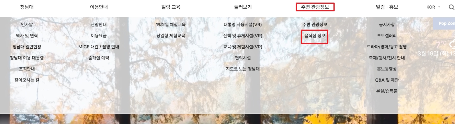 주변 관광정보 메뉴에서 음식점 정보를 찾는 과정