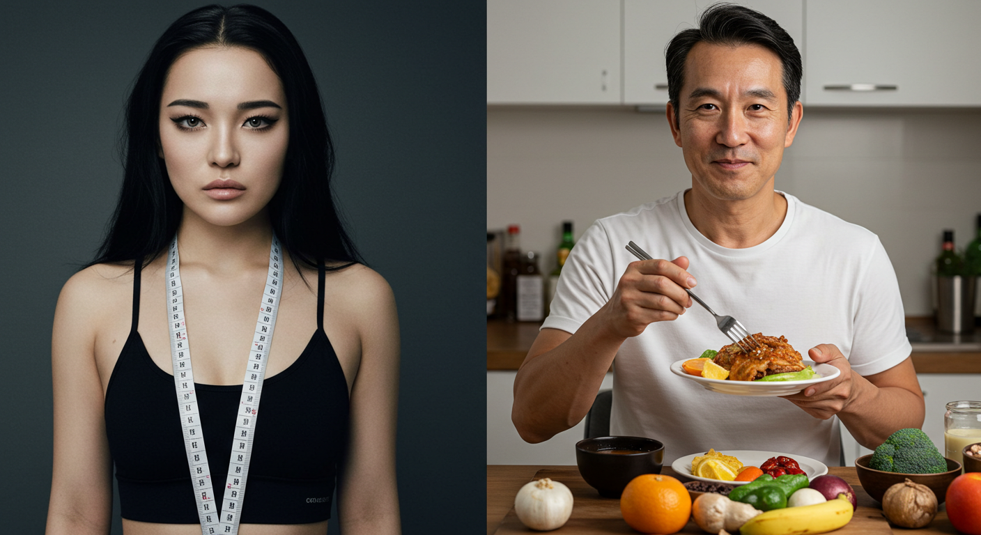 "연예인 극단적 식단과 일반인을 위한 균형 잡힌 조정 식단의 나란히 비교"