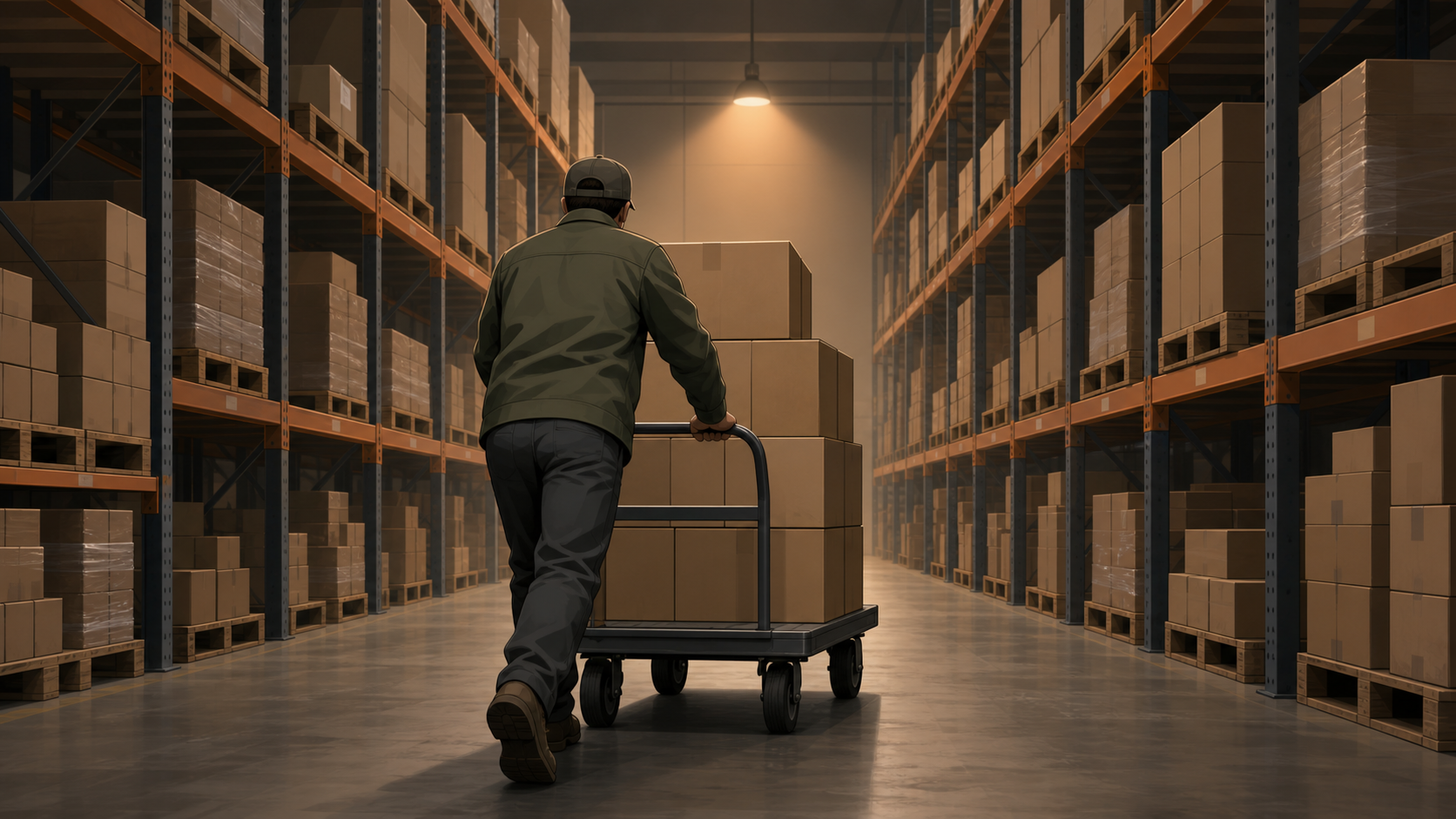 a flat minimalist illustration of a worker seen from behind pushing a heavy cart loaded with boxes down a warehouse aisle, faceless, soft industrial tones