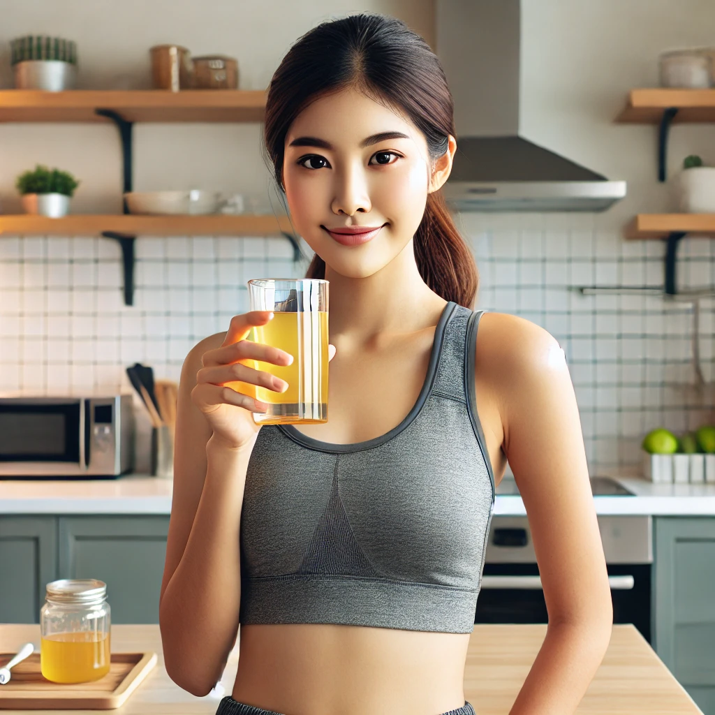 운동하기 전에 꿀물 마시는 여자