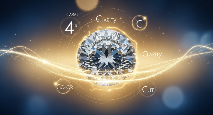 깊고 푸른 배경 위에서 눈부시게 빛나는 완벽한 컷팅의 다이아몬드와 4C 등급을 상징하는 추상적인 빛의 요소들.