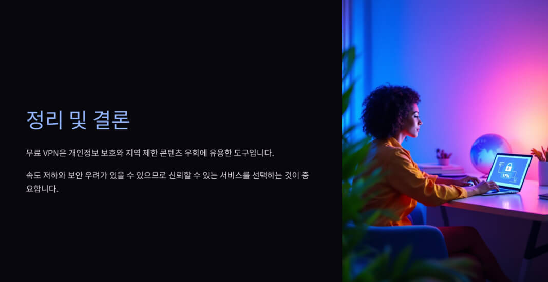 무료 VPN의 장점과 단점을 정리한 화면. 개인정보 보호 및 콘텐츠 우회에 유용하지만, 속도와 보안 우려로 신뢰할 수 있는 서비스를 선택해야 한다는 메시지를 전달. 노트북으로 VPN을 사용하는 여성의 모습 포함