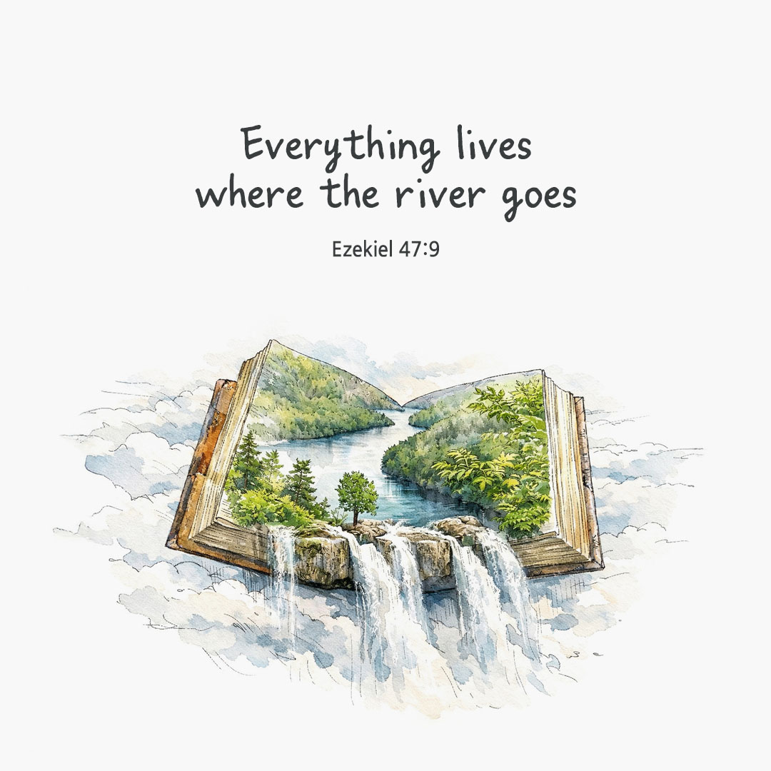 Everything lives where the river goes. (Ezekiel 47:9) pieonane Daily Bible quote image