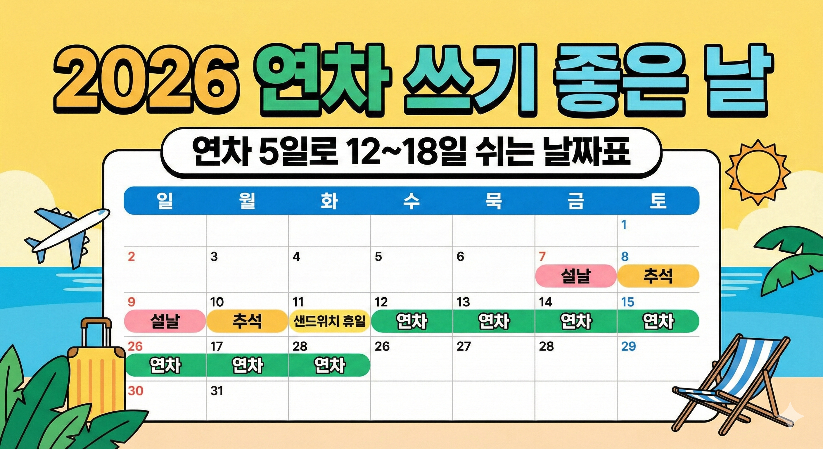 2026 연차 쓰기 좋은 날: 연차 5일로 12~18일 쉬는 날짜표