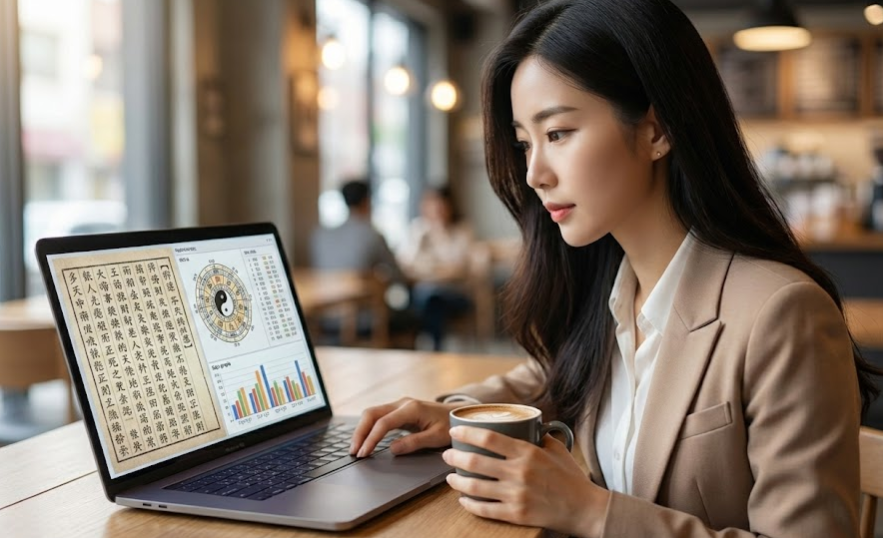 편안한 분위기의 카페에서 노트북을 통해 무료인터넷사주 사이트를 진지하게 확인하고 있는 여성