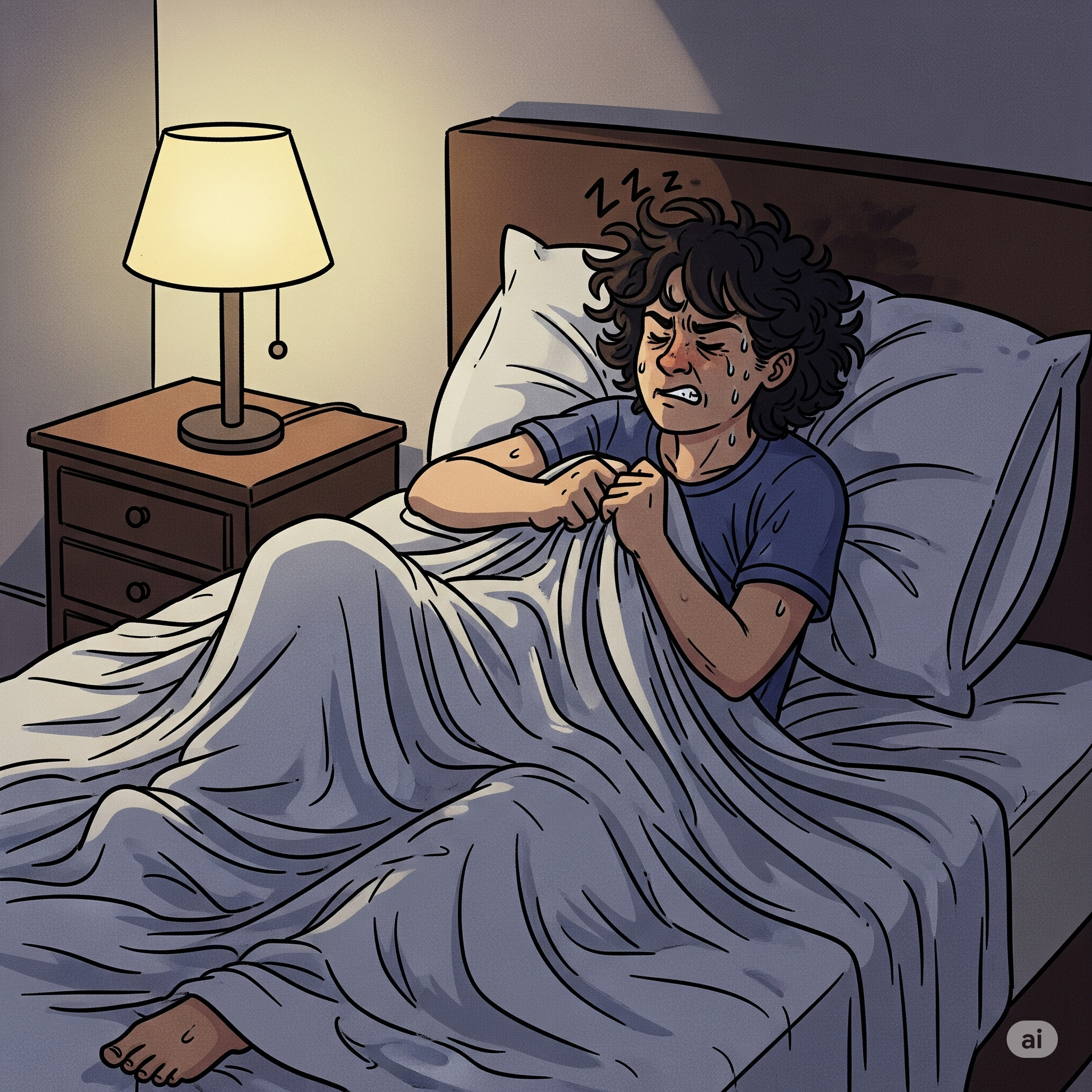 침대에서 잠 못들고 뒤척이는 사람 일러스트