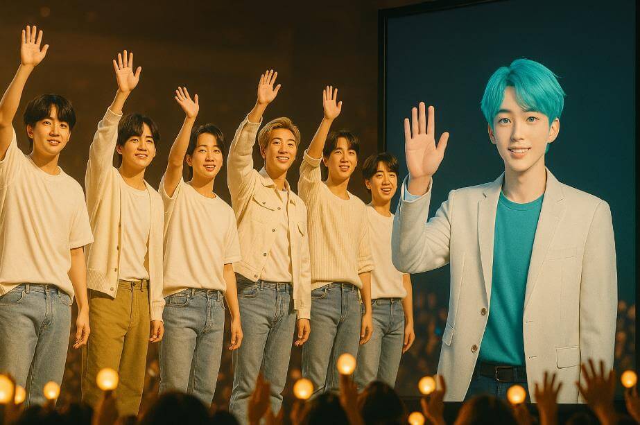 BTS가 무대에서 손 흔들며 AI 가상 아이돌과 함께 인사하는 모습
BTS가 무대에서 손 흔들며 AI 가상 아이돌과 함께 인사하는 모습