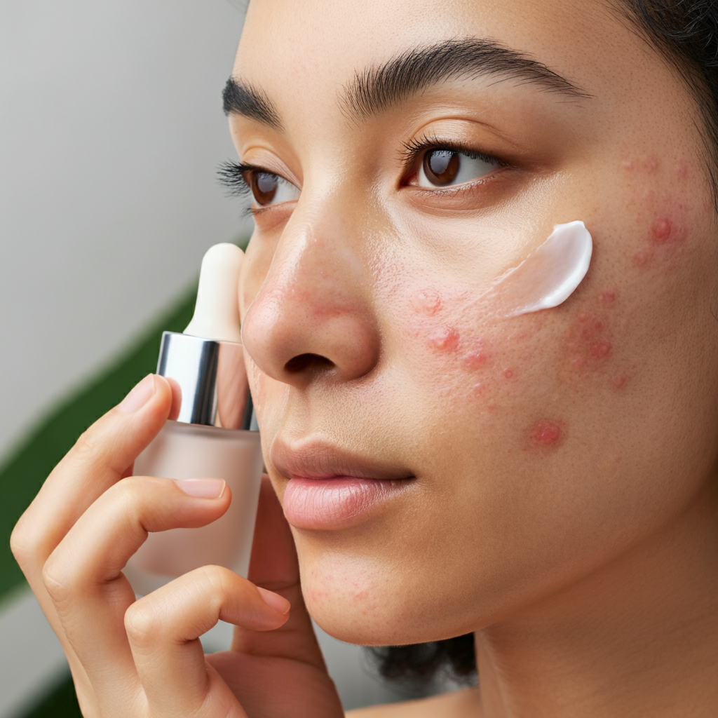 트러블 피부 진정 제품을 바르는 모습