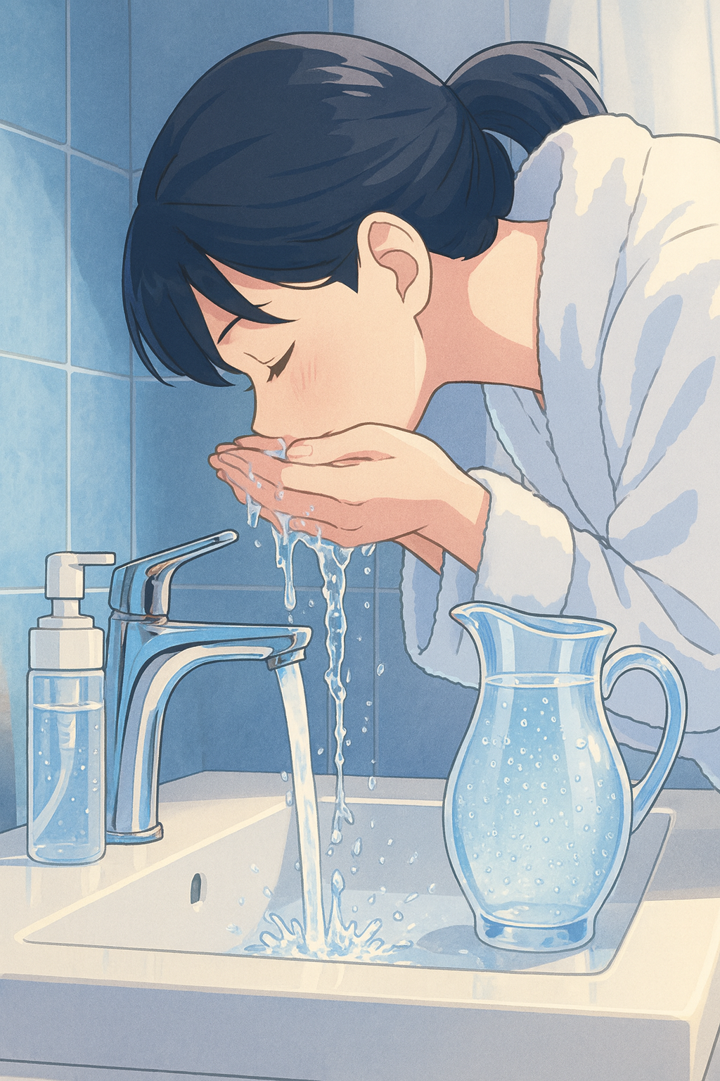 일본 애니메이션 스타일의 욕실 장면, 여성 캐릭터가 탄산수를 이용해 세안하는 모습 &ndash; 피부 미용과 모공 케어를 위한 탄산수 세안