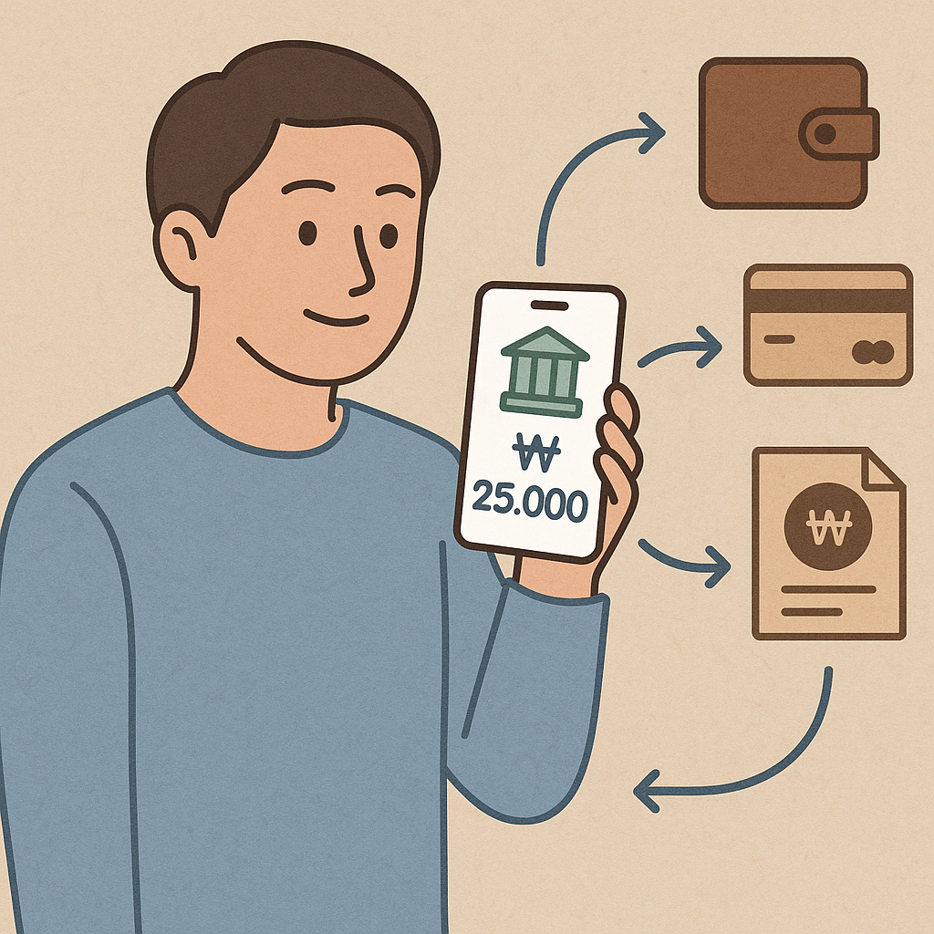 마이데이터 서비스를 통해 은행, 카드, 전자지갑 등 다양한 금융 정보가 안전하게 이동하고 통합되는 모습을 표현한 일러스트