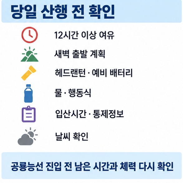 공룡능선 당일 산행 전 출발 시간 헤드랜턴 물 행동식 날씨 입산 통제를 확인하는 체크리스트 인포그래픽