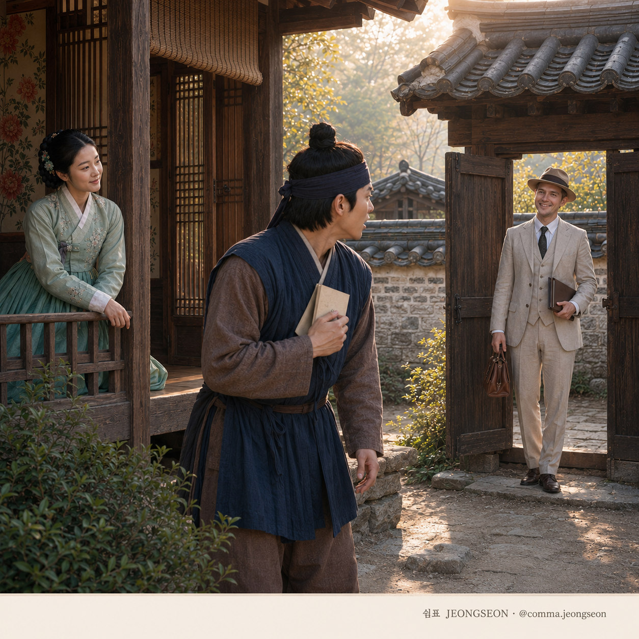 햇살이 비치는 한옥 대문 앞에 외국인 영어 선생이 책과 가방을 들고 서 있고, 윤겸이 놀란 표정으로 뒤돌아보며 마님이 툇마루에서 두 사람을 바라보는 장면