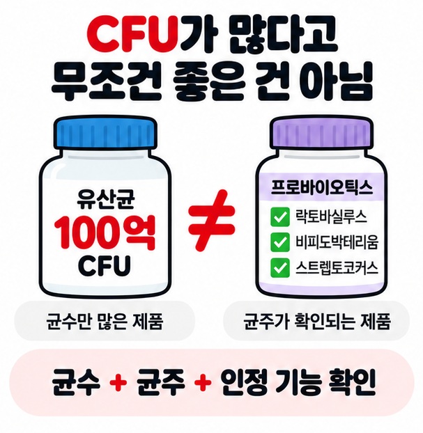 CFU 숫자만 보기보다 균주와 인정 기능, 보관 방법을 함께 확인해야 한다는 비교 카드