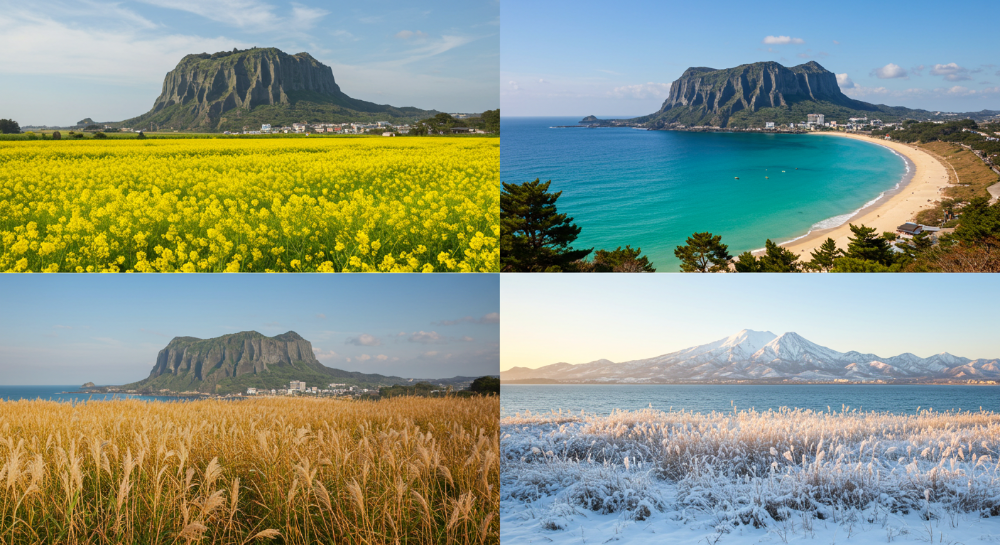 제주도의 봄 유채꽃, 여름 해변, 가을 억새, 겨울 설경 사계절 풍경