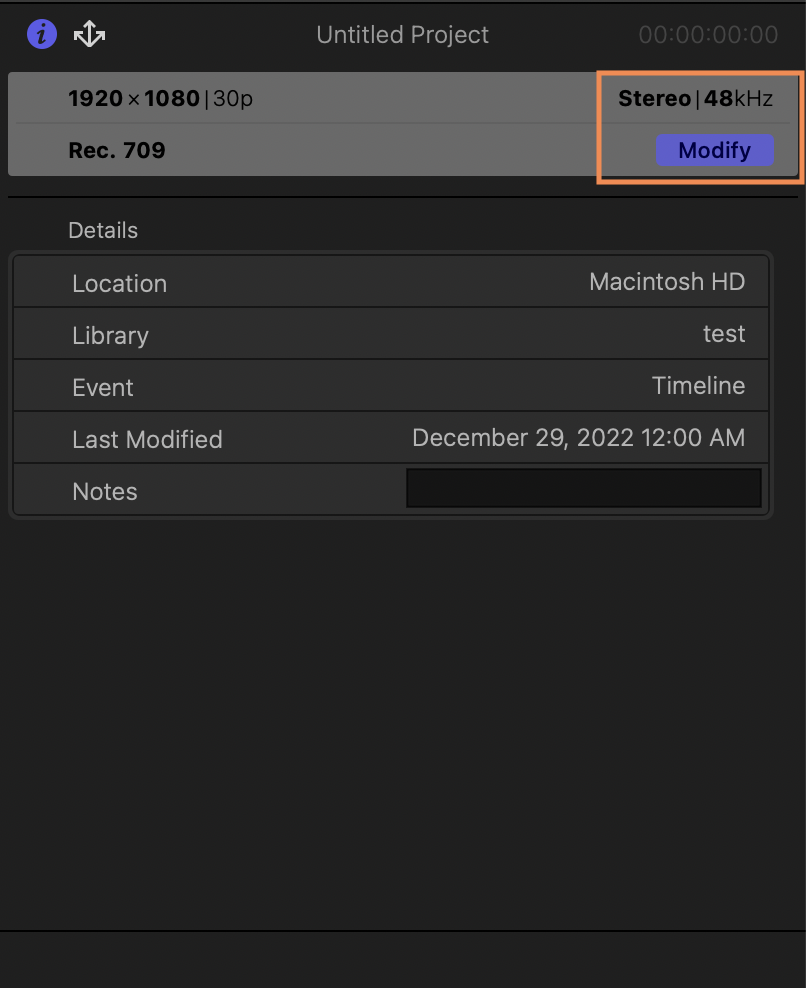 파이널컷 프로 정보 수정 영역
