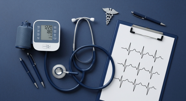 발기부전 치료 전 심혈관 평가를 상징하는 의료 도구 이미지