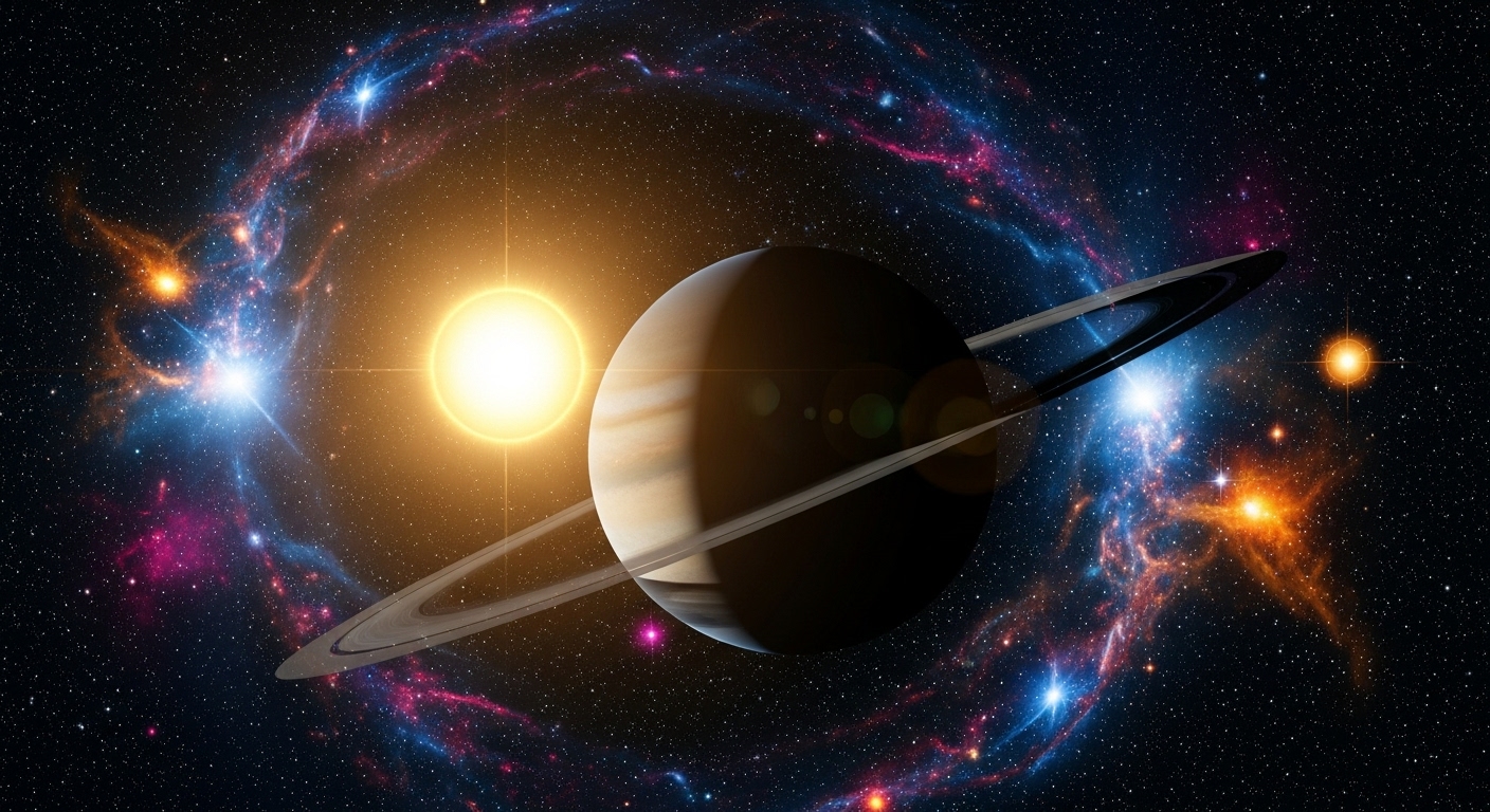 Epic space art of a giant gas planet, similar to Saturn, orbiting the sun-like star Alpha Centauri A.