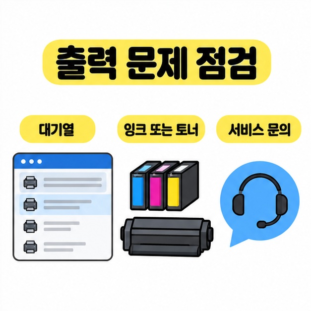 인쇄 대기열, 잉크 또는 토너, 서비스 문의를 보여주는 출력 문제 점검 그림