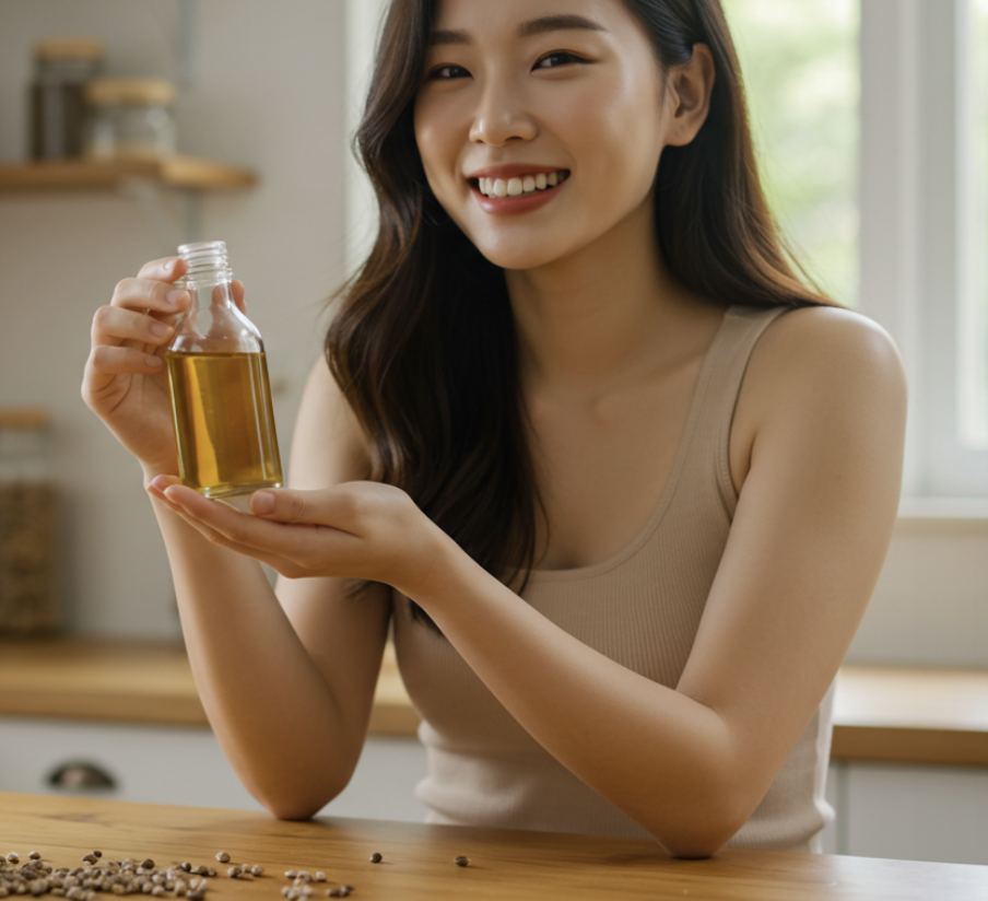대마종자유병을 들고있는 여자