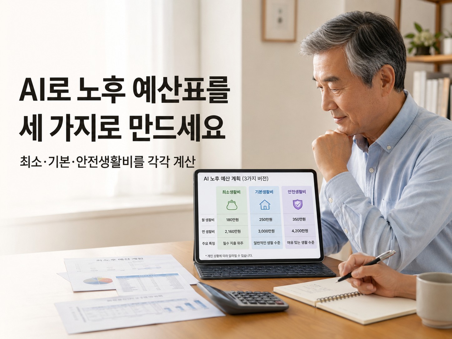 60대 한국인 남성이 개인정보를 삭제한 연금수입과 생활비를 챗GPT에 입력하고 화면에 만들어진 최소·기본·안전 노후 예산표를 확인하는 실사형 이미지