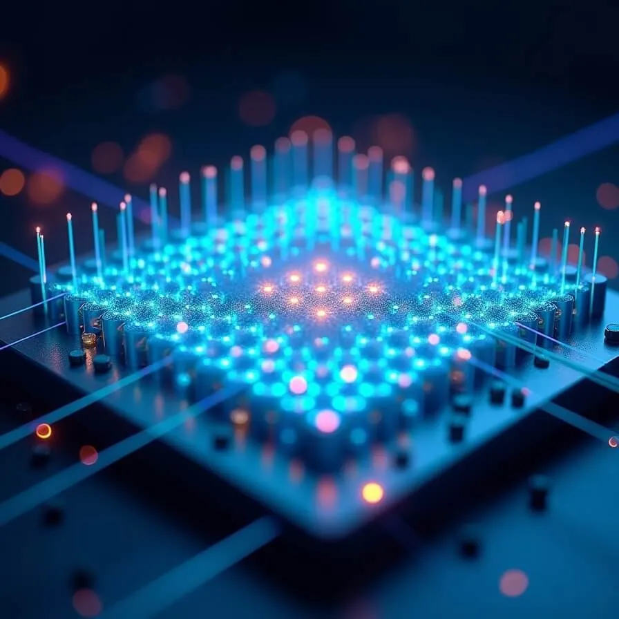 Infleqtion Sqale 중성 원자 양자컴퓨터 이미지. 10x10 격자 형태로 정밀하게 배열된 100개의 청록색 빛나는 원자들이 3D 공간에 배치되어 있으며, 퍼플과 청록색의 복잡한 레이저 빔 네트워크가 원자들을 연결한다. 광학 집게로 원자들이 계산 중 동적으로 재배치되는 모습이 모션 트레일로 표현되고, 여러 물리적 큐비트가 그룹화되어 골든으로 빛나는 논리적 큐비트 인코딩이 시각화되어 있다. 초고성능 양자 프로세서의 정밀도와 확장성을 표현 (Sqale neutral atom quantum computer logical qubits)