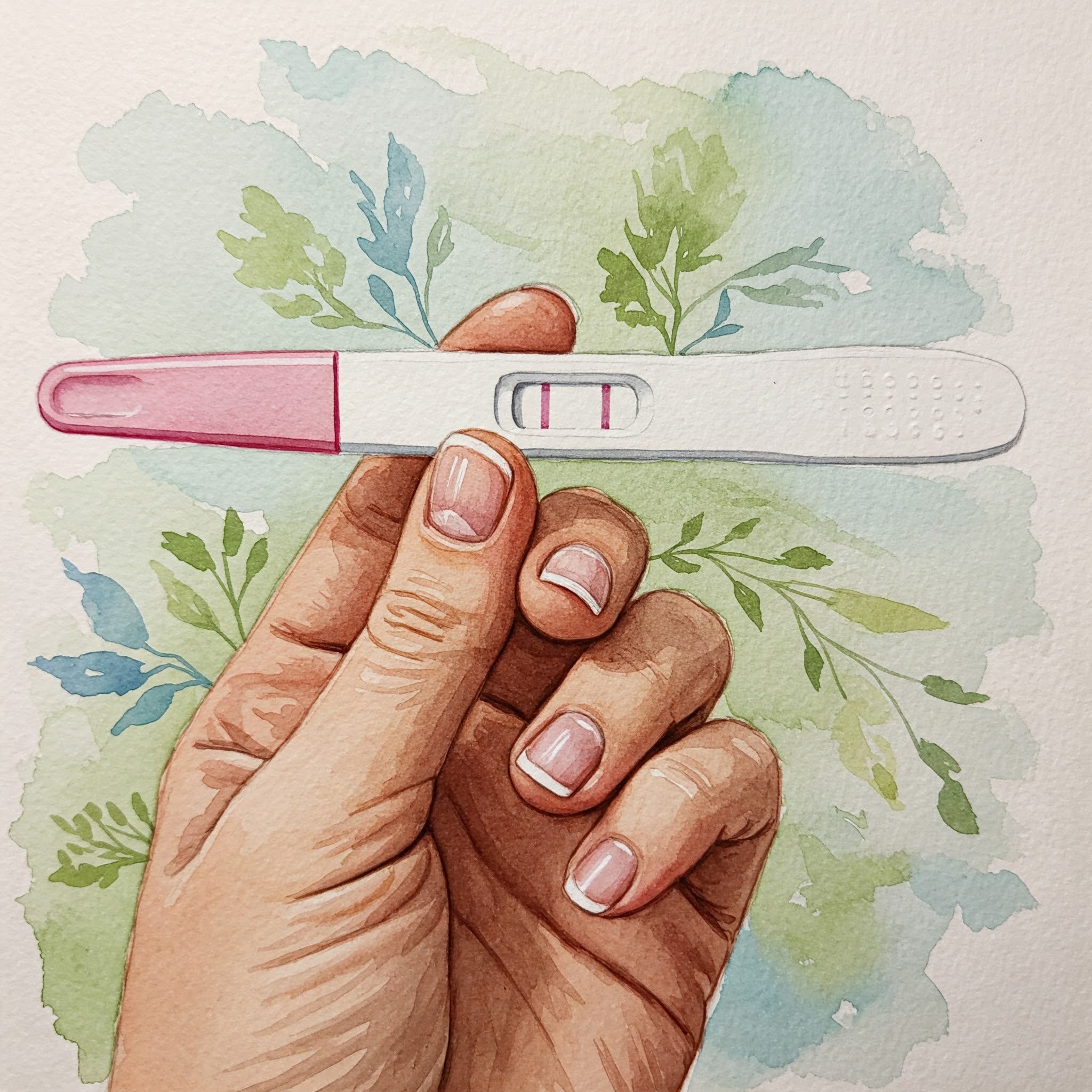 손에 쥔 2줄이 선명한 임신 테스트기