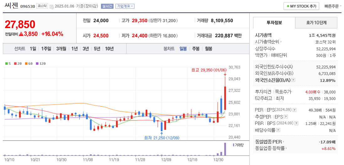 진단키트 관련주 씨젠 주가 차트