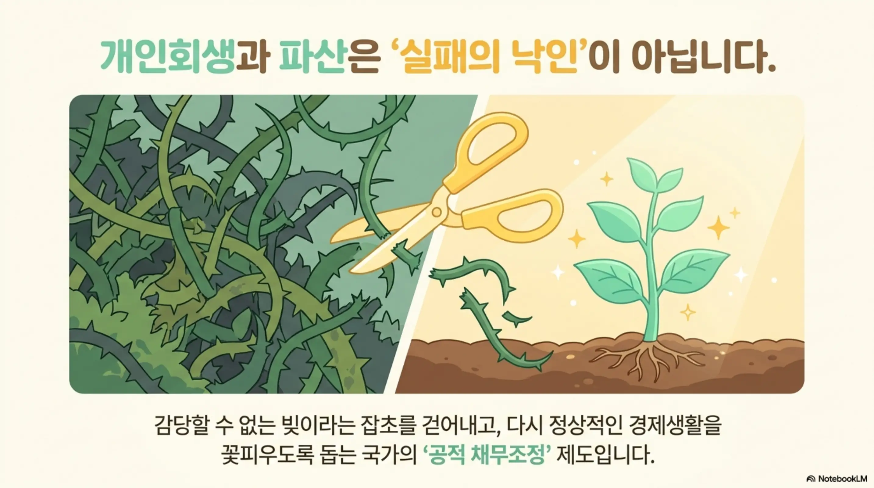 개인회생과 파산은 &amp;#39;실패의 낙인&amp;#39;이 아닙니다. 감당할 수 없는 빚이라는 잡초를 걷어내고 다시 정상적인 경제생활을 꽃피우도록 돕는 국가의 공적 채무조정 제도를 가위와 새싹 비유로 설명하는 인포그래픽 이미지 
