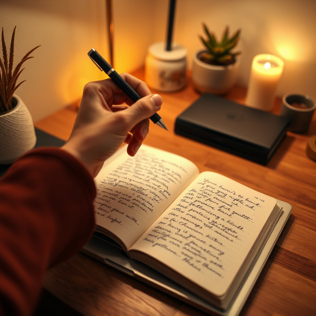 손글씨 노트, 펜을 든 손, 노트북 위 일기, 따뜻한 톤의 차분한 작업 공간, 글쓰기 루틴 다이어리