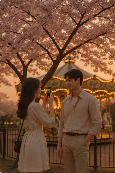 벚꽃 배경으로 사진찍는 연인