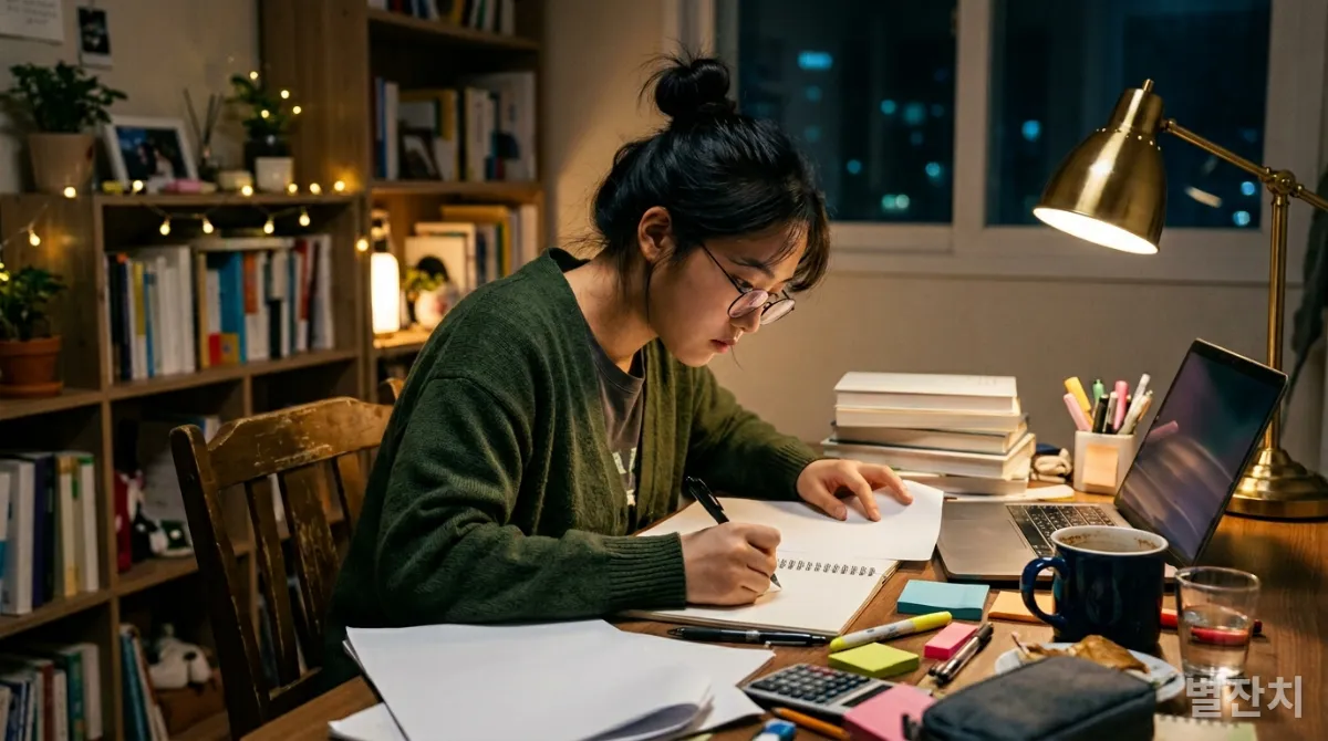 집중해서 작업하는 한국인 청년의 모습, 끈기와 열정을 상징