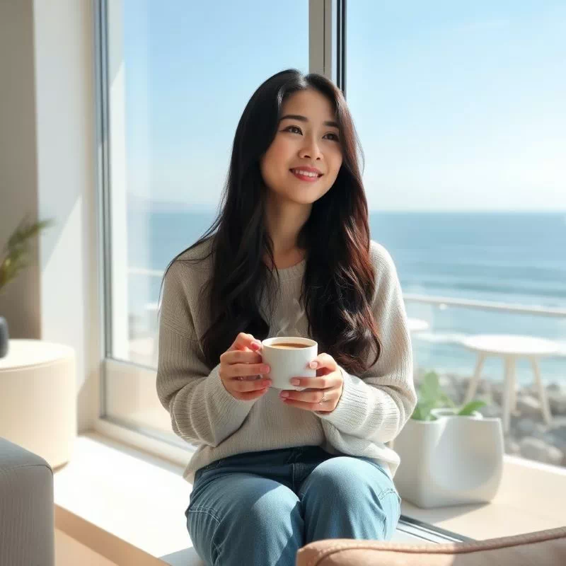 창가에 앉아 바다를 바라보며 휴식하는 여성