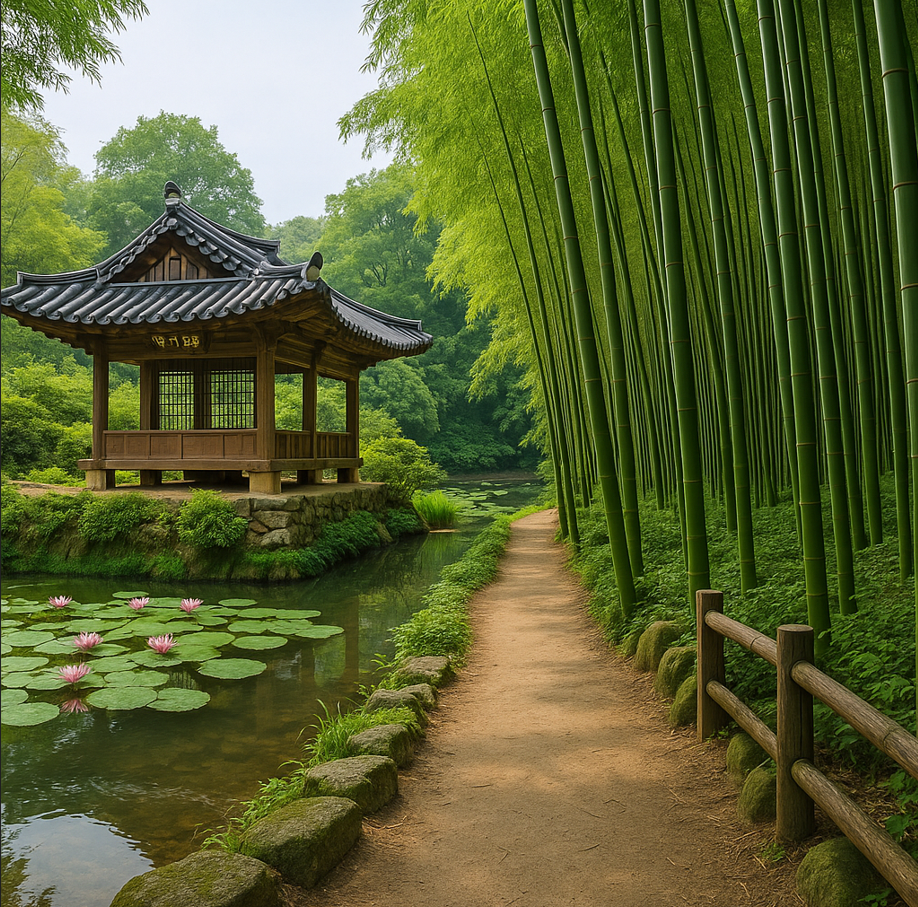 연못과 대나무가 보이는 풍경 사진
