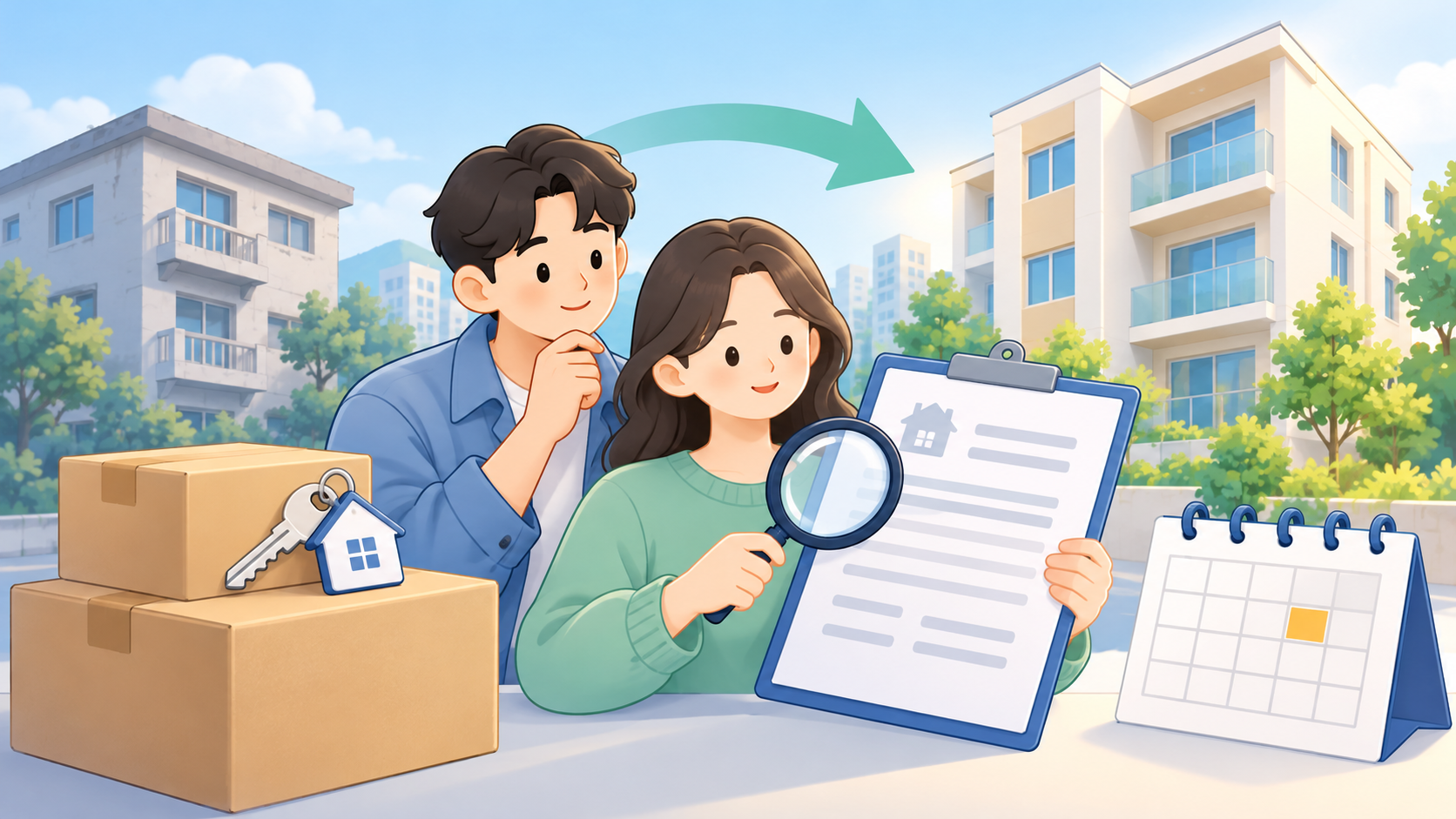 새집과 이삿짐 옆에서 임대차계약서와 달력을 확인하는 모습을 표현한 일러스트