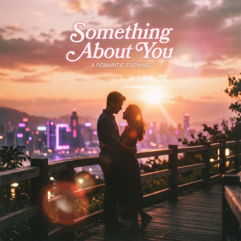부드러운 노을빛 속에서 서로에게 기대어 있는 연인의 실루엣. 레벨 42 'Something About You'의 아련하고 로맨틱한 분위기를 담고 있습니다.