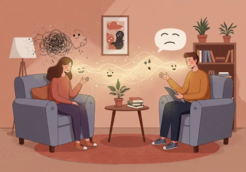 감성적인 일러스트 스타일로 그린, 믿을 수 있는 사람과 마음을 나누며 위로받는 대화의 모습 일러스트레이션