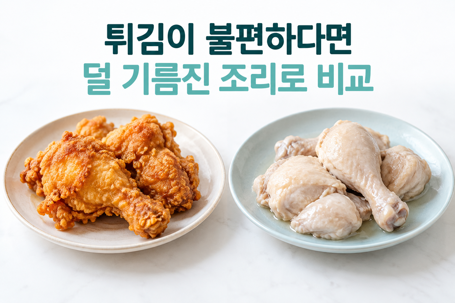 같은 고기의 튀김과 기름을 덜 쓴 찜을 별도 접시에 놓은 비교