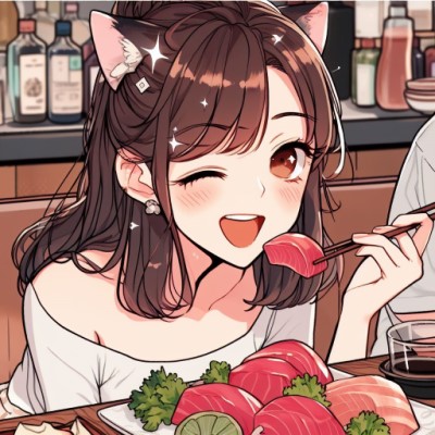 A_pretty_girl_winking_while_eating_delicious_tuna_sashimi