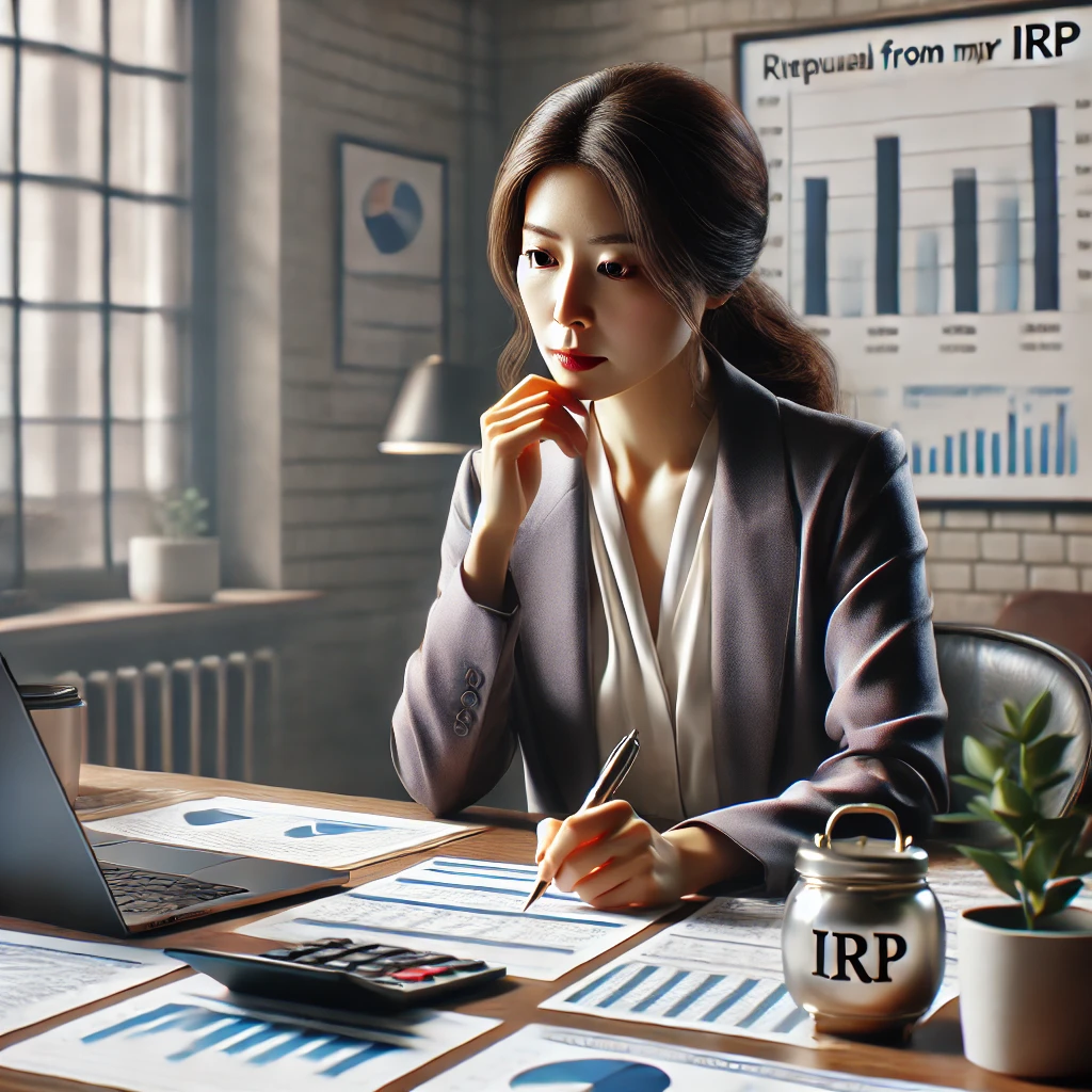 여성(40대)이 홈 오피스에서 IRP 계좌 출금 계획을 세우는 모습. 책상에는 노트북과 금융 차트가 놓여 있음.