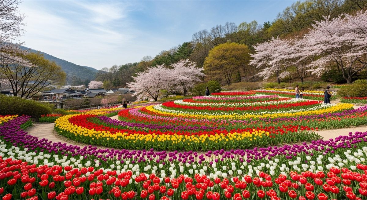 튤립 화단이 넓게 펼쳐진 봄 정원 전경 사진