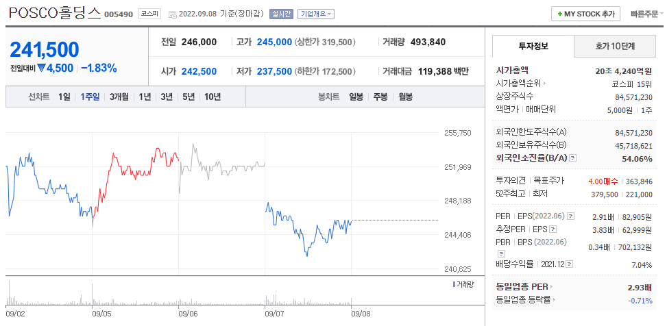 포스코홀딩스 주가추이